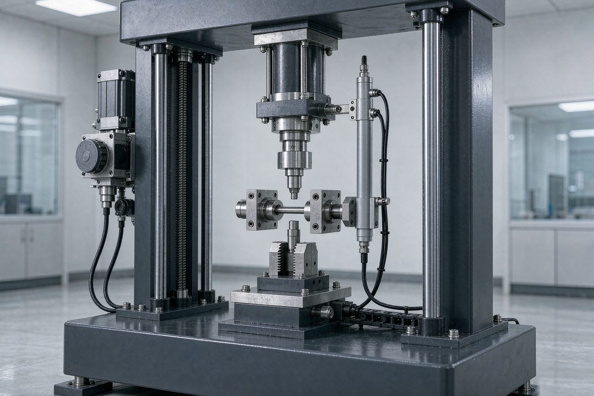 A twin-column material testing machine with the specimen clamped between jaws, alongside the displacement and load measuring units