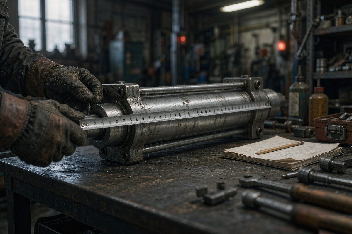 Measuring hydraulic cylinder stroke with a tape measure on a workbench