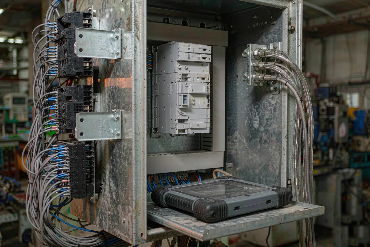 Inside an industrial control cabinet: terminal blocks, a PLC rack and a handheld programmer