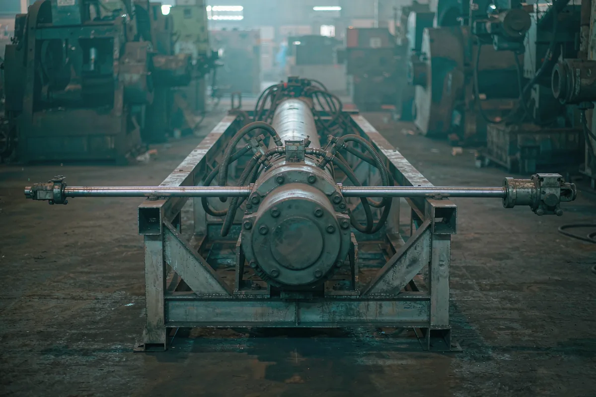 A long-stroke hydraulic cylinder with a probe running alongside it, unsupported at mid-span