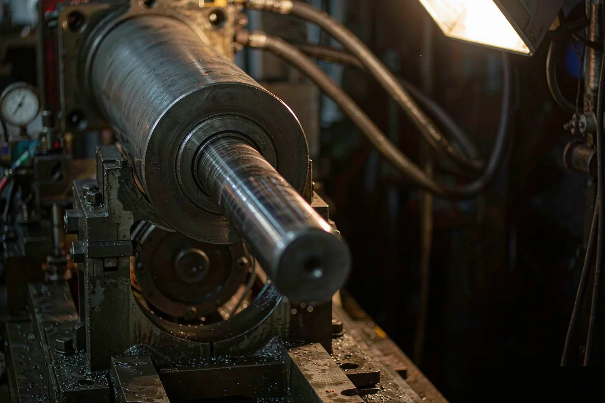 A hydraulic cylinder on a test bench with high-pressure hoses and a pressure gauge