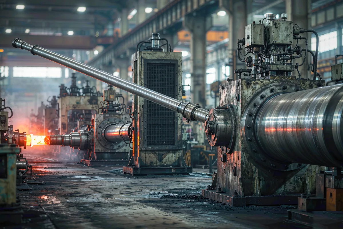 Extrusion press main cylinder with a magnetostrictive probe running alongside