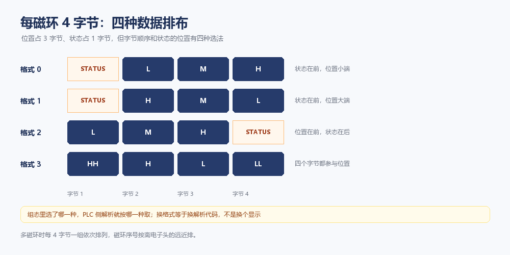 每磁环 4 字节的四种数据排布：格式 0 状态在前位置小端、格式 1 状态在前位置大端、格式 2 位置在前状态在后、格式 3 四字节都参与位置