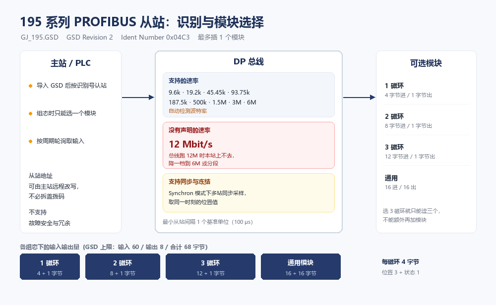195 系列 PROFIBUS 从站的识别与模块选择：识别号 0x04C3，总线速率支持到 6 Mbit/s，最多插一个模块，可选 1/2/3 磁环或通用模块