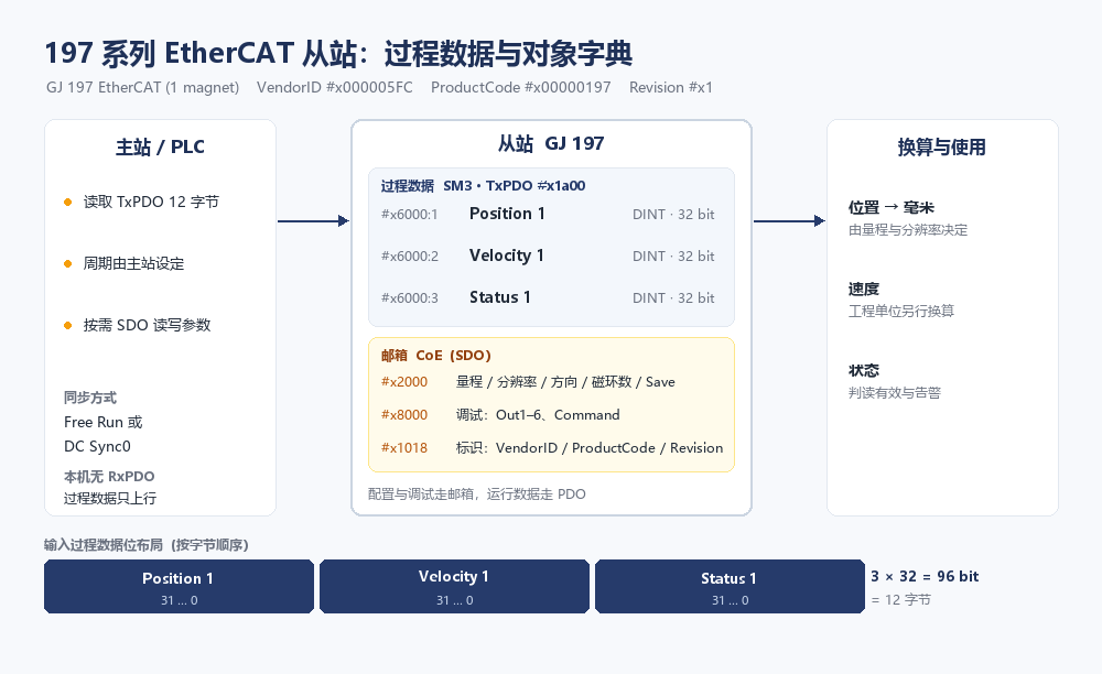 197 系列 EtherCAT 从站结构：主站通过 TxPDO 读三项 32 位数据，参数与调试走 CoE 邮箱